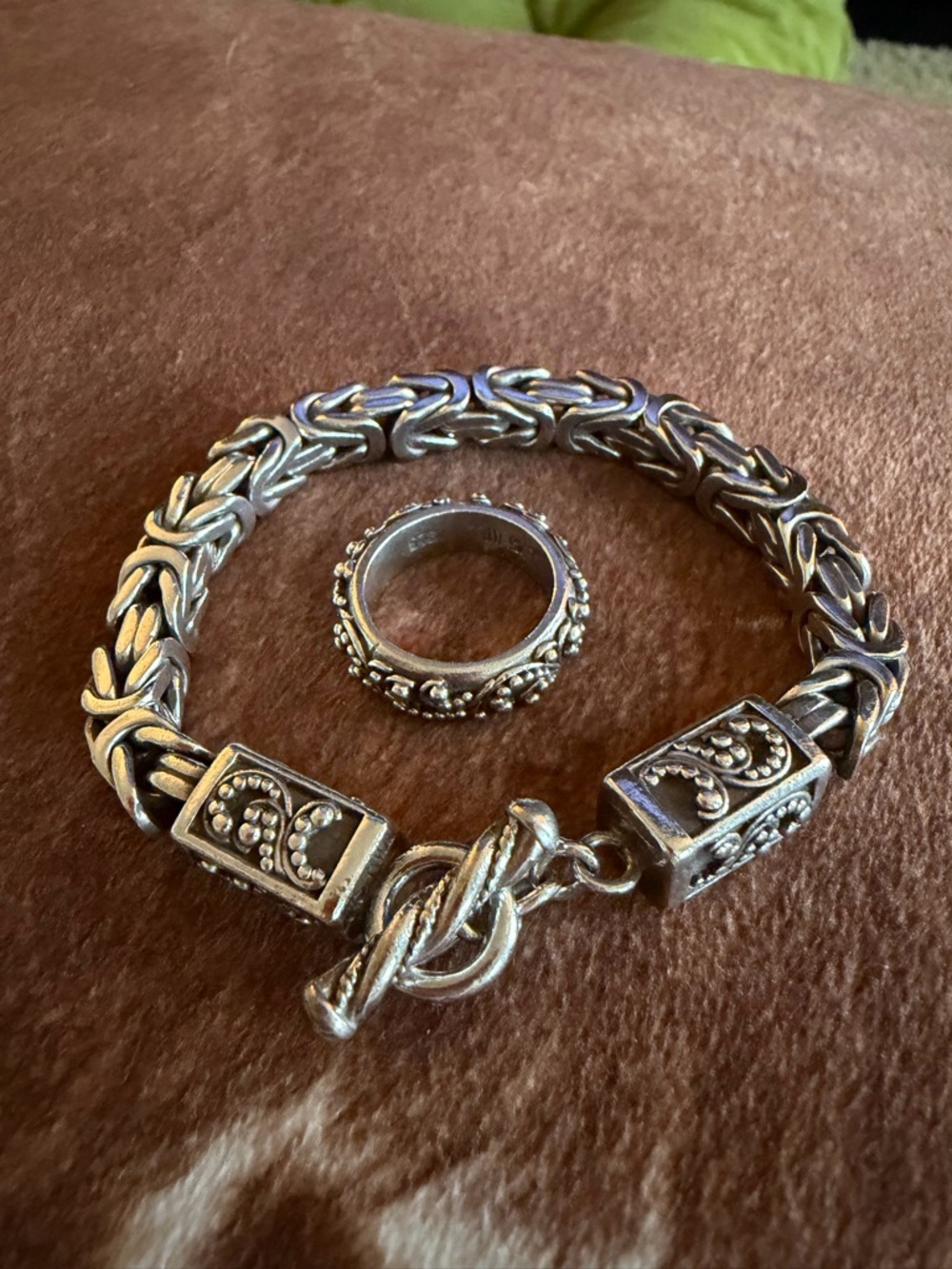 Intricate Sterling Silver Beaded Bracelet and Matching Ring With Floral Motif.